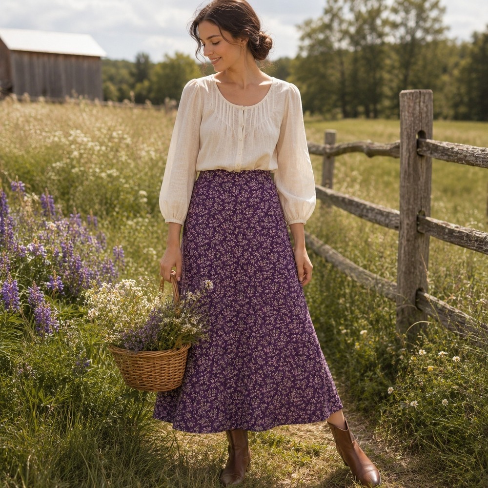 LL Bean Ditsy Floral A-Line Midi Skirt Sz 10 Petite Purple Cottage Prairie Boho